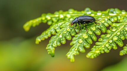 Beetle perched on a dewy fern leaf in a lush, green environment, AI