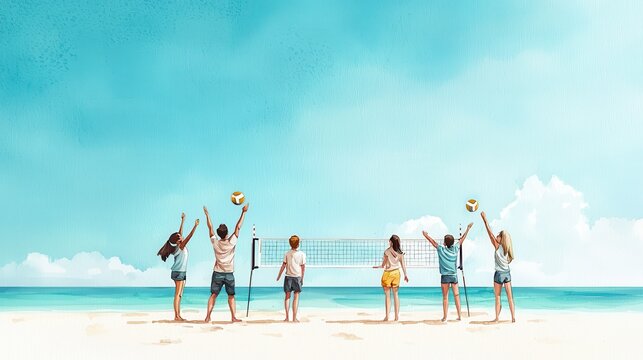 Group of friends playing beach volleyball on a sunny day by the ocean.