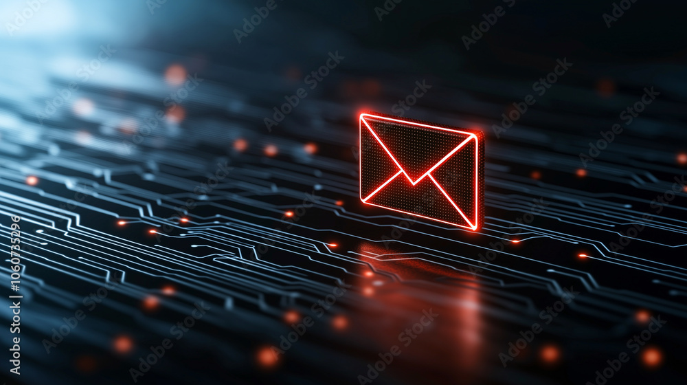 Poster glowing red email icon on dark circuit board background, symbolizing digital communication and cyber