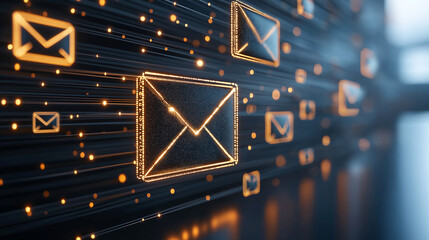digital representation of email encryption with glowing envelopes, symbolizing secure communication in cyber environment