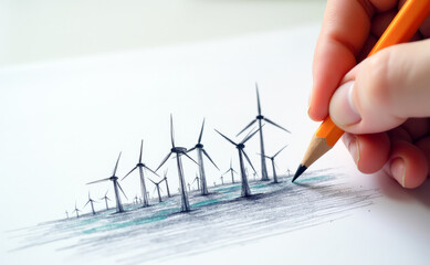 hand draws wind farms close up