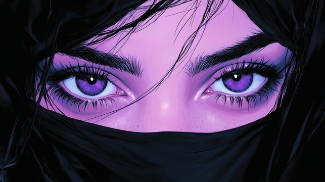 Veiled woman with violet eyes in digital illustration