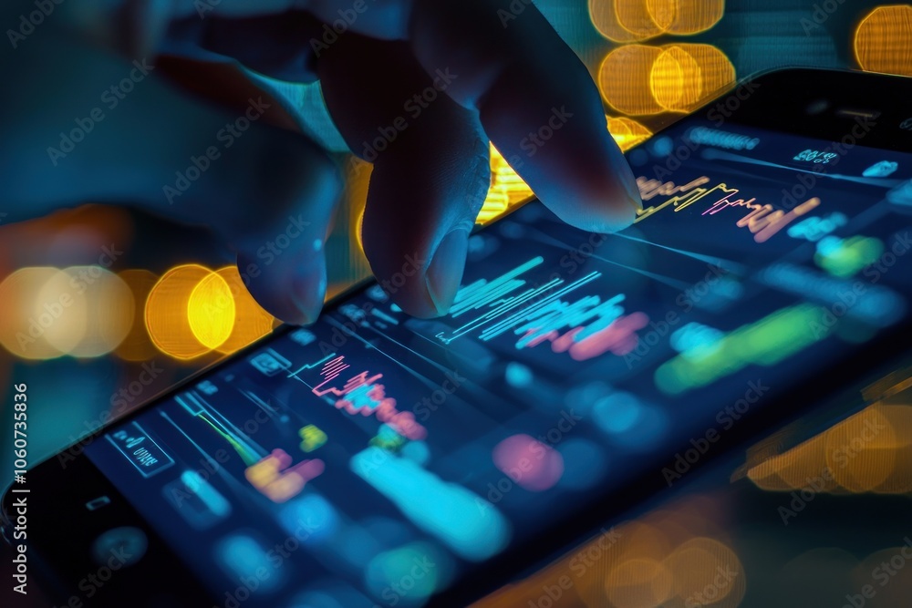 Poster fingertip interacting with stock market data on smartphone screen