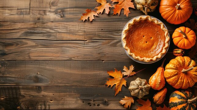 Thanksgiving culinary theme flat lay with pumpkin pie, gourds, and autumn leaves on wooden background