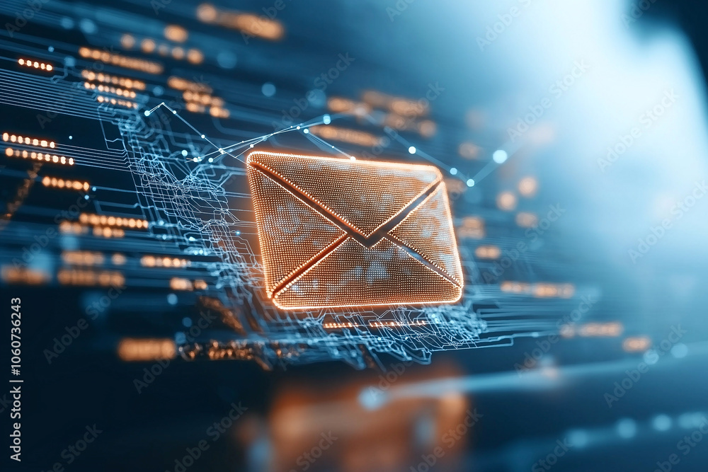 Poster futuristic glowing email icon in secure digital network, symbolizing communication and technology