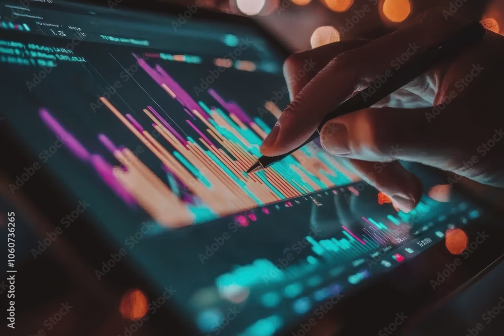 Poster hand using stylus to analyze financial data on a tablet screen