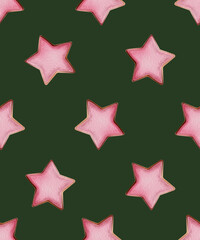 Seamless Gingerbread Cookie Pattern, Star-Shaped Gingerbread Cookies, Biscuits in a Delicate Watercolor Style, Ideal for Holiday Designs with Visible Texture, Christmas, new year