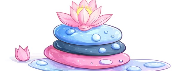 Cartoon-style color drawing of stacked pink and purple stones with lotus flowers on top, against a white background