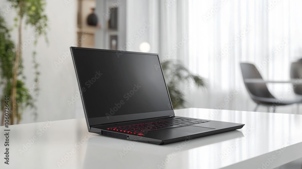 Poster black laptop computer on white table with blurred background