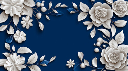 Elegant hand drawn white floral pattern on navy blue background, featuring intricate flowers and leaves, creating serene and sophisticated atmosphere