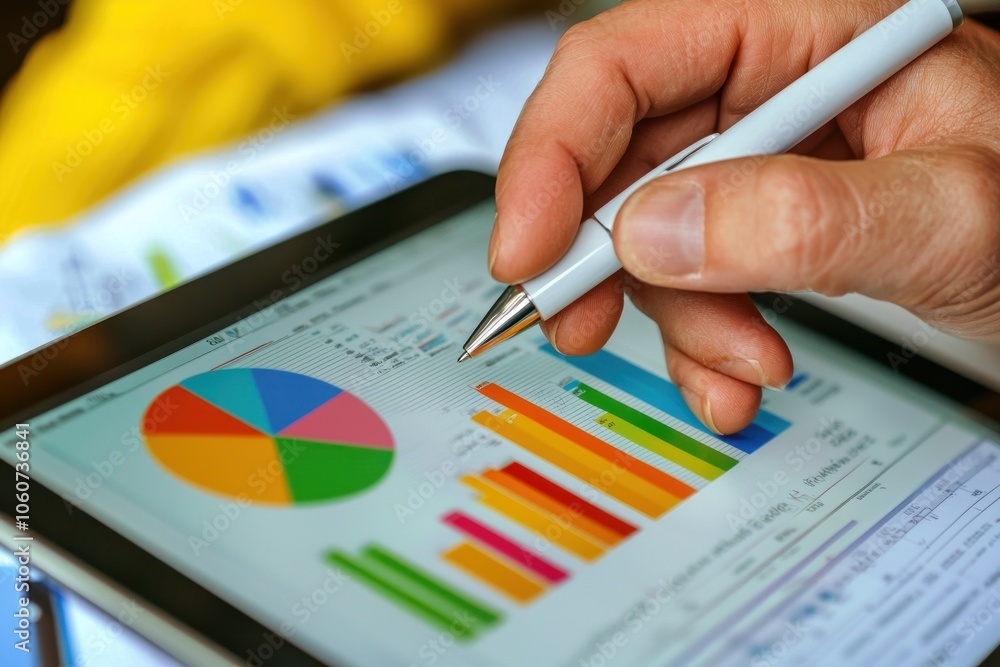 Poster A Hand Using a Stylus to Analyze Pie and Bar Charts on a Tablet