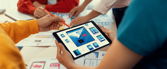 Panorama banner of startup UX developer or company employee design user interface or UI prototype...