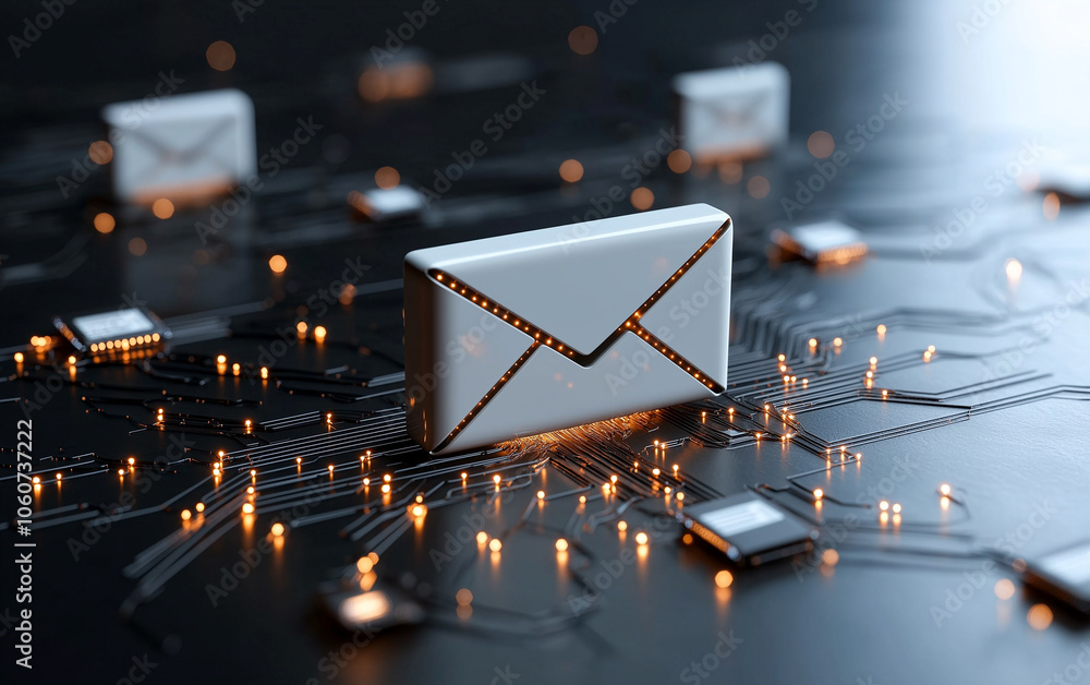 Poster modern email symbol surrounded by glowing circuits and microchips, representing secure communication