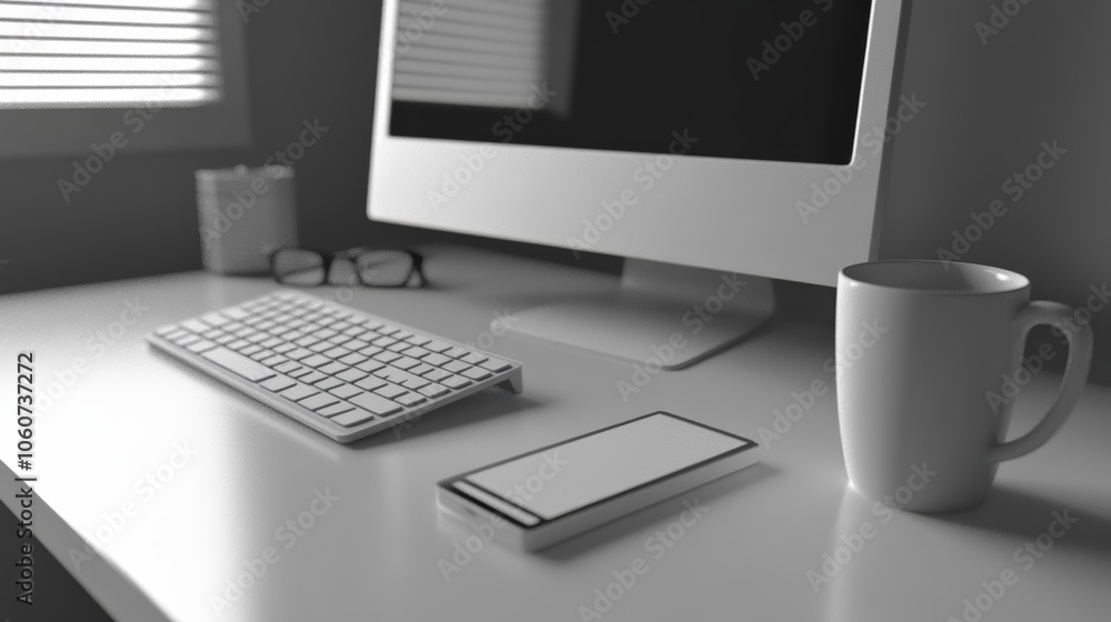 Poster enhance your productivity, a modern workspace with computer and coffee cup on clean desk for optimal