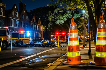 nighttime accident scene, emergency vehicle lights