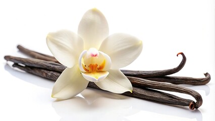 Vanilla blossom and seed pods, isolated against pure white.