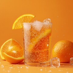 A refreshing orange drink with bubbles, served in a glass with ice, surrounded by fresh orange slices on a vibrant orange background.