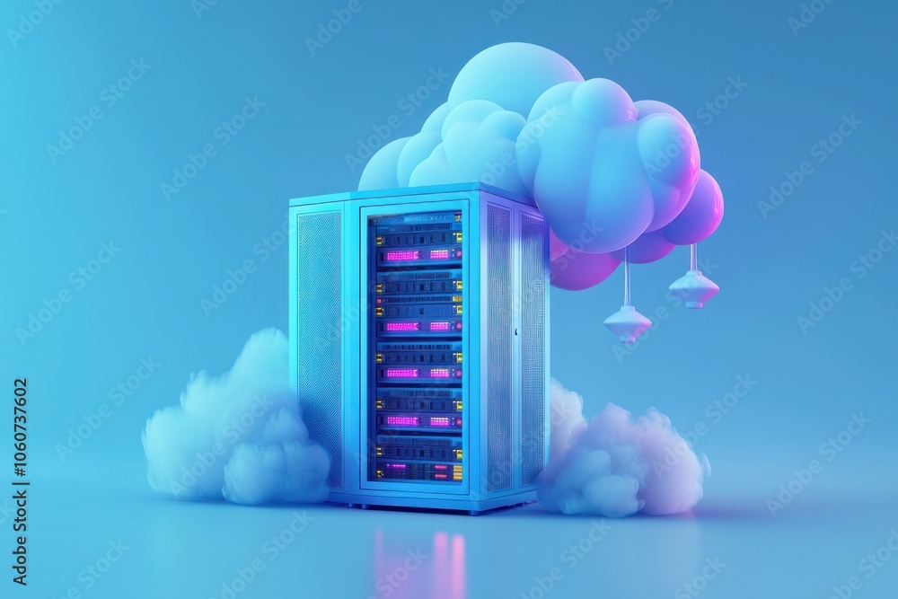 Poster Server Rack Connected to a Cloud in a Blue Studio Setting