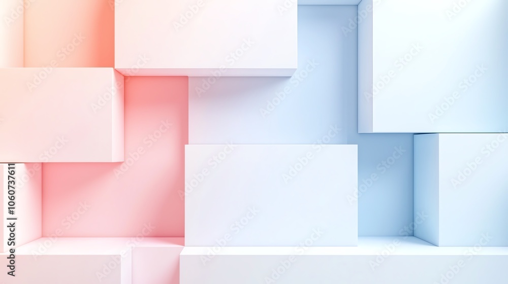 Poster abstract composition of geometric boxes in pastel colors, creating a modern and clean visual for bac