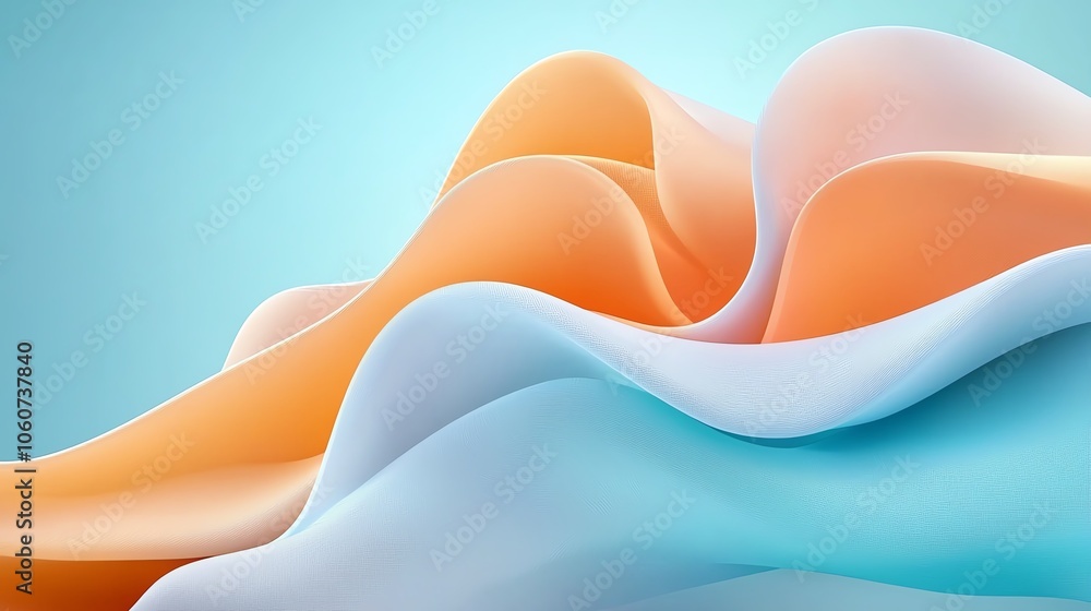Poster vibrant abstract wave design with smooth curves in shades of orange and blue, creating a serene and 