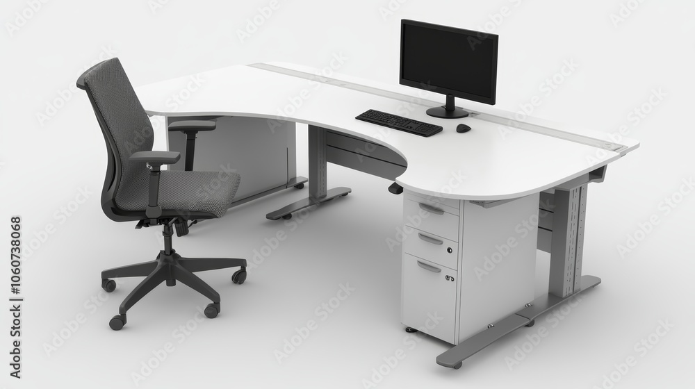 Poster modern minimalist white desk setup with computer, enhance productivity and workspace organization