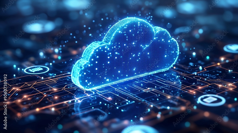 Poster enhancing digital security with flat design of innovative shields surrounding a cloud-based infrastr