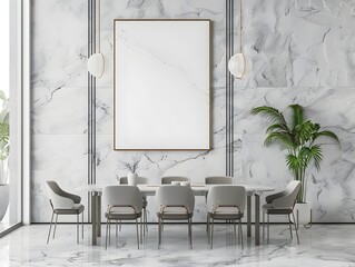 Minimalist Steel and Stone Dining Area with Frame Mockup,3D Rendering