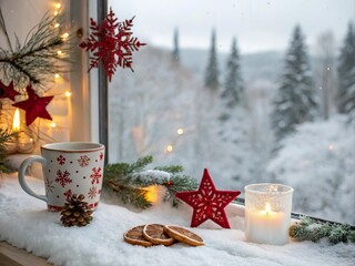 Winterliche Gem&uuml;tlichkeit am Fenster mit Weihnachtsdeko und Hei&szlig;getr&auml;nk