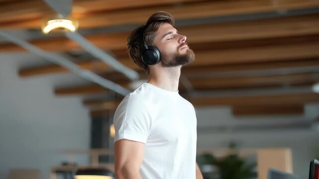 Relaxed man with beard enjoying music through headphones in casual indoor workspace, embracing technology for ultimate relaxation and focus.