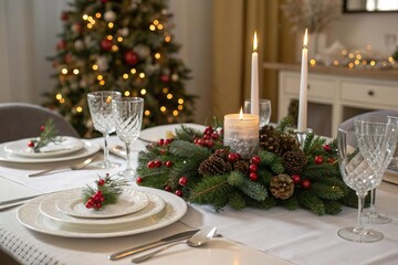 Stilvoller Weihnachtstisch mit nat&uuml;rlicher Dekoration und Kerzenlicht