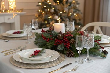 Eleganter Festtagstisch mit weihnachtlichem Grün und Kerzenschein