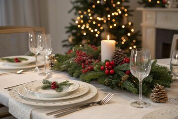 Eleganter Weihnachtstisch mit festlicher Dekoration und Lichterglanz