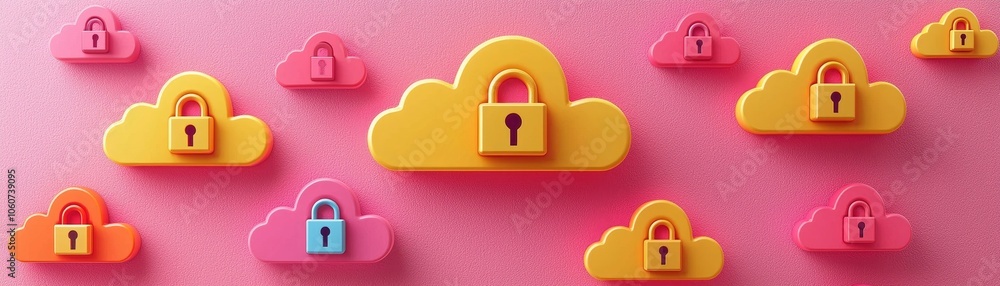 Poster explore the intricate papercut design of interconnected clouds and padlocks for enhanced digital sec