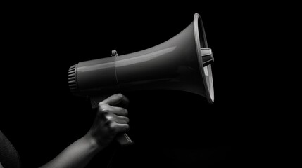 A black and white image of a person holding a large megaphone, likely for amplified public speaking or to lead a protest.