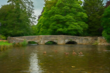 Naklejka premium Digital oil painting of the medieval three arch sheep wash bridge at Ashford in the Water in the Peak District National Park.