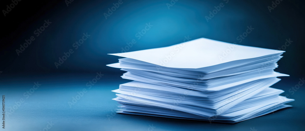 Aufkleber A stack of blank papers rests on a smooth surface, illuminated by a soft blue light, creating a serene and focused atmosphere.