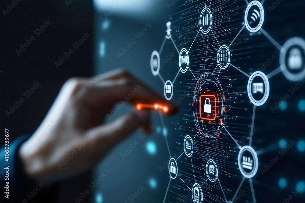 Poster futuristic interface with digital icons showcasing cybersecurity concepts, highlighting hand interac