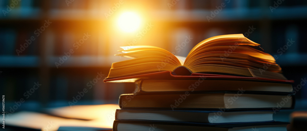 Poster an open book rests on a stack of books, illuminated by warm sunlight filtering through a library bac