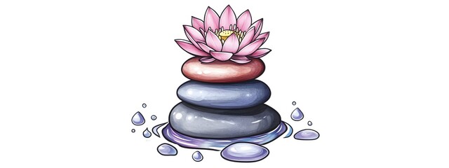Cartoon-style color drawing of stacked pink and purple stones with lotus flowers on top, against a white background