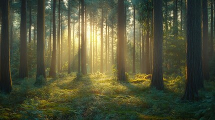 Fototapeta premium Sundrenched forest, tranquil sunlight filters through majestic trees, illuminating a serene woodland scene