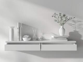 White floating storage shelf in a modern living room setting, holding vases, books, and other decorative items.