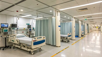 Modern hospital ward, blue curtains, white walls, advanced beds, monitors V4