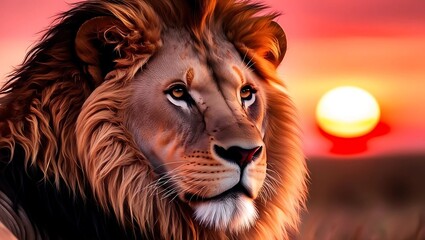 A lion with a reddish-brown mane, looking toward a bright sunset.  