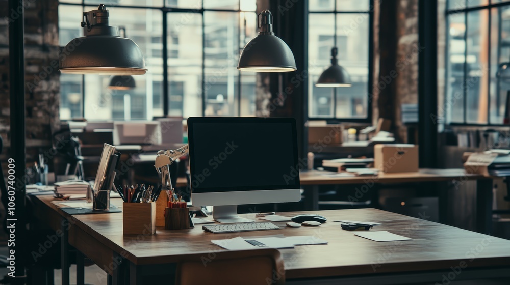 Poster enhance productivity with a modern desk setup, computer, lamp, and essential tools for an efficient 