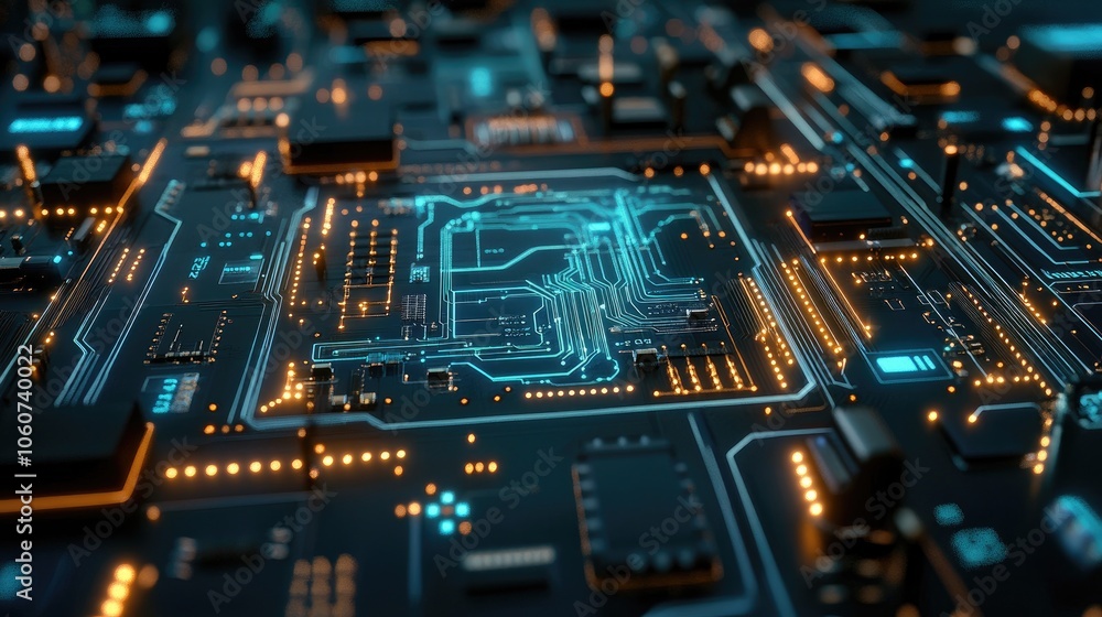 Poster abstract circuit board with blue lights. this image is ideal for projects related to technology, inn