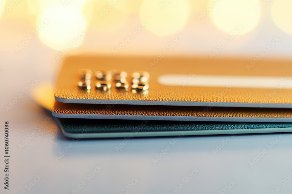 Poster A close-up of stacked credit cards with a soft, blurry background filled with warm bokeh lights, emphasizing their sleek design and metallic sheen.