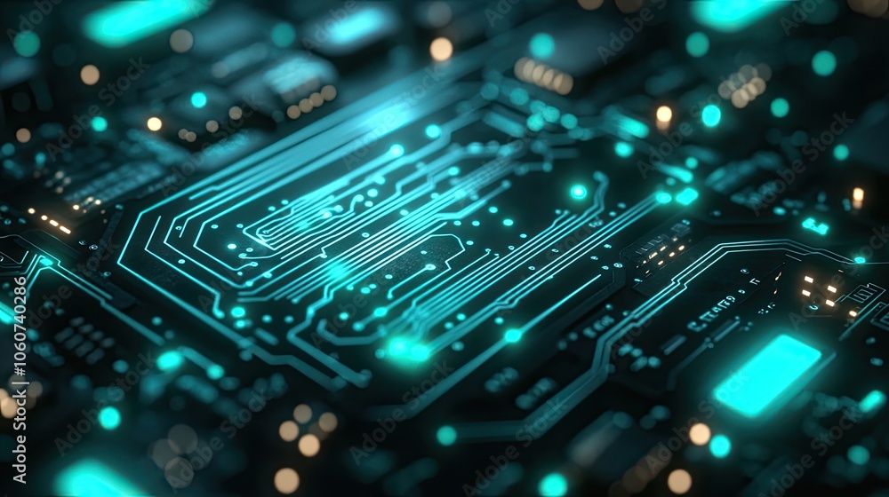 Poster a detailed close-up of a circuit board. this image can be used to illustrate the concept of technolo