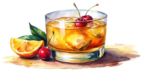 Watercolor Whiskey Sour Cocktail Illustration
