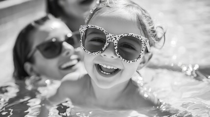 Happy family swimming together in the sun. Children enjoying water activities on a hot summer day.