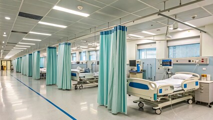 Fototapeta premium Modern hospital ward, blue curtains, white walls, advanced beds, monitors V5